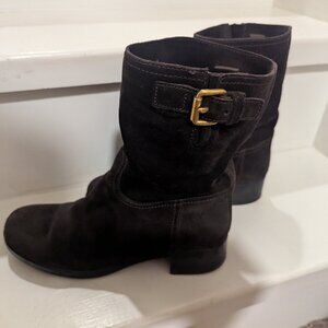 Prada Brown Suede Combat Boots with Gold Buckle